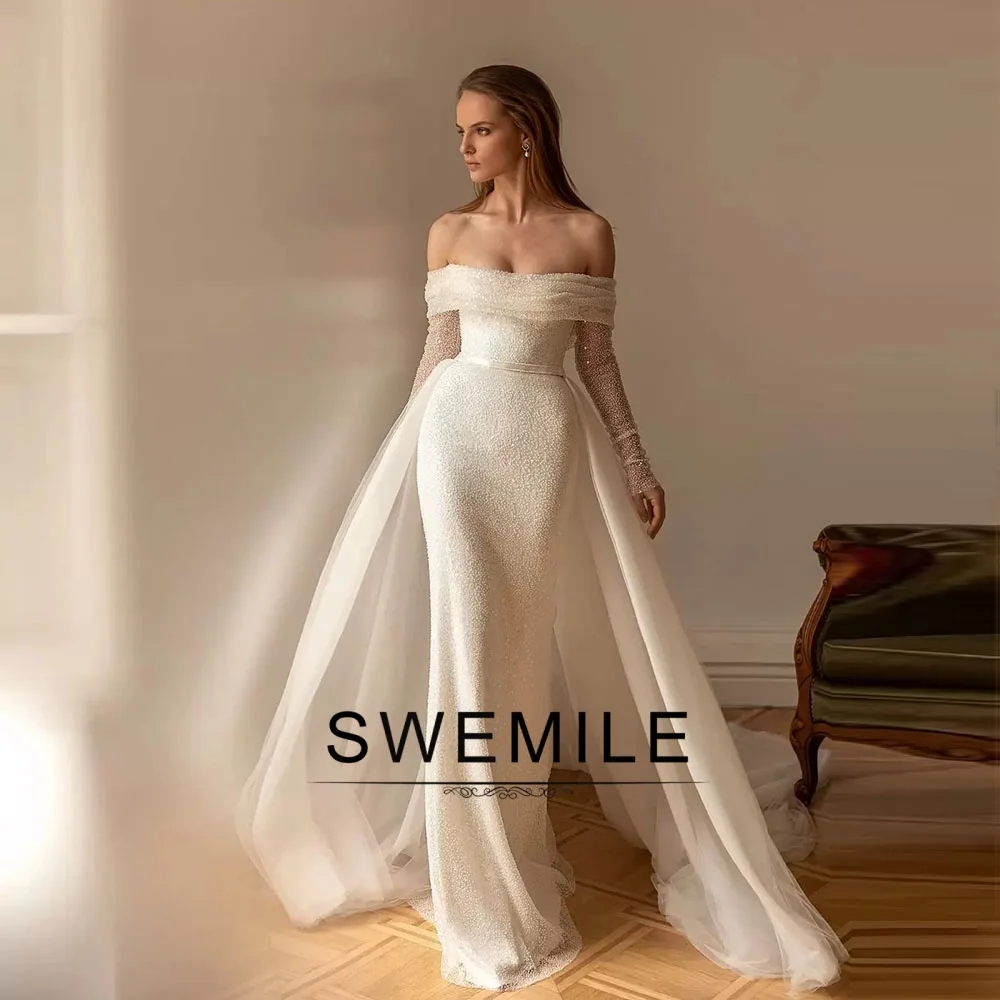 BM Bridal Fashion Sequin 2026 Wedding Dressing Detachable Train Off the Shoulder Zipper Vestidos De Novia Plus Size Customized