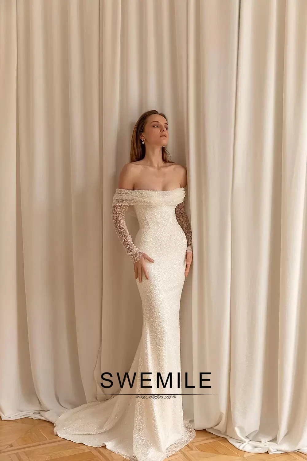 BM Bridal Fashion Sequin 2026 Wedding Dressing Detachable Train Off the Shoulder Zipper Vestidos De Novia Plus Size Customized
