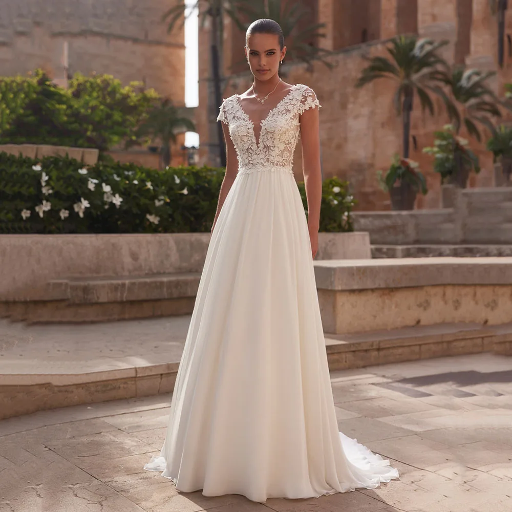 Boho A-Line Lace Wedding Dresses Bride 2026 Women's Wedding Gown Cap Sleeve V-Neck Backless Luxury Lace Bridal Dress Customized