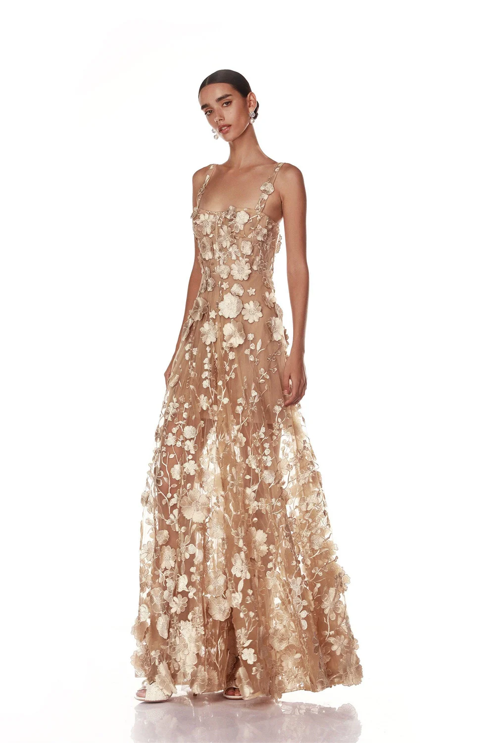 Kyoto Customized Elegant Champagne Lace Embroidery Wedding Dress Spaghetti Straps A-line Vestidos De Noche Floor-length Formal