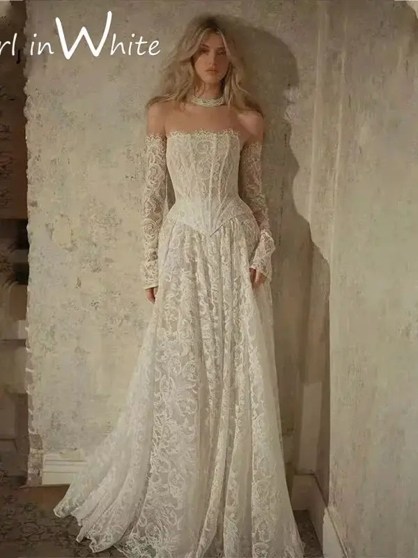 Popular Off Shoulder Boat Neck Lace Bridal Grown A Line Wedding Dresses Detachable Long Sleeves Vestido De Noival Customized