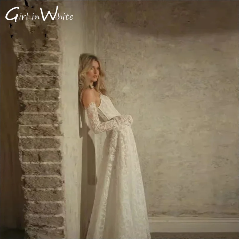 Popular Off Shoulder Boat Neck Lace Bridal Grown A Line Wedding Dresses Detachable Long Sleeves Vestido De Noival Customized