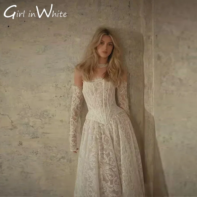 Popular Off Shoulder Boat Neck Lace Bridal Grown A Line Wedding Dresses Detachable Long Sleeves Vestido De Noival Customized