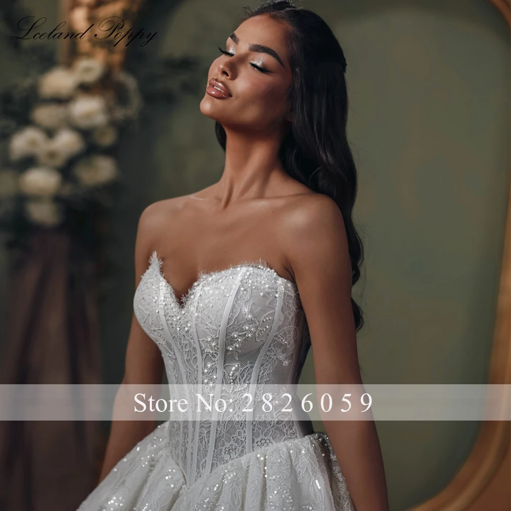 Lceland Poppy Customized Strapless Ball Gown Lace Wedding Dresses Beaded Bridal Gowns with Removable Lace Jacket