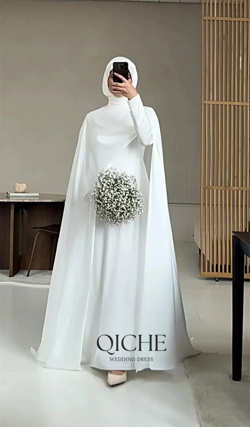 QICHE Modest White Muslim Wedding Dresses with Cape Customized Bride Dress Elegant Long Sleeves Woman Bride Civil Bridal Gowns