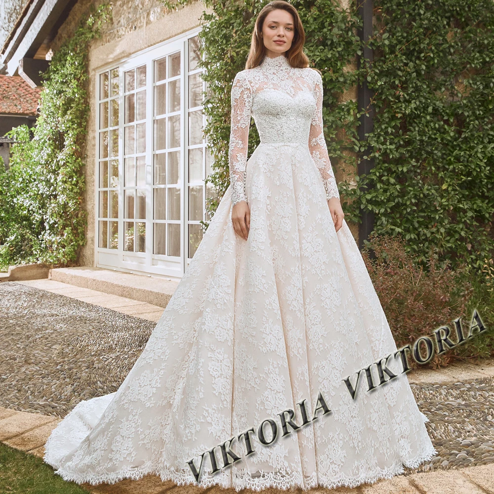 VIKTORIA Glamrous Tulle Wedding Gown for Bride Appliques High Neck Pleat A-line Royai Train Robe De Soiree De Mariage Customized
