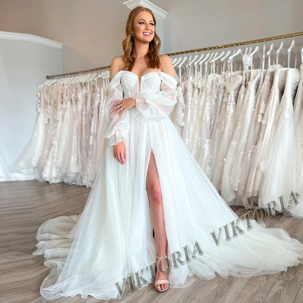 VIKTORIA Glamrous Tulle Wedding Gown for Bride Appliques High Neck Pleat A-line Royai Train Robe De Soiree De Mariage Customized