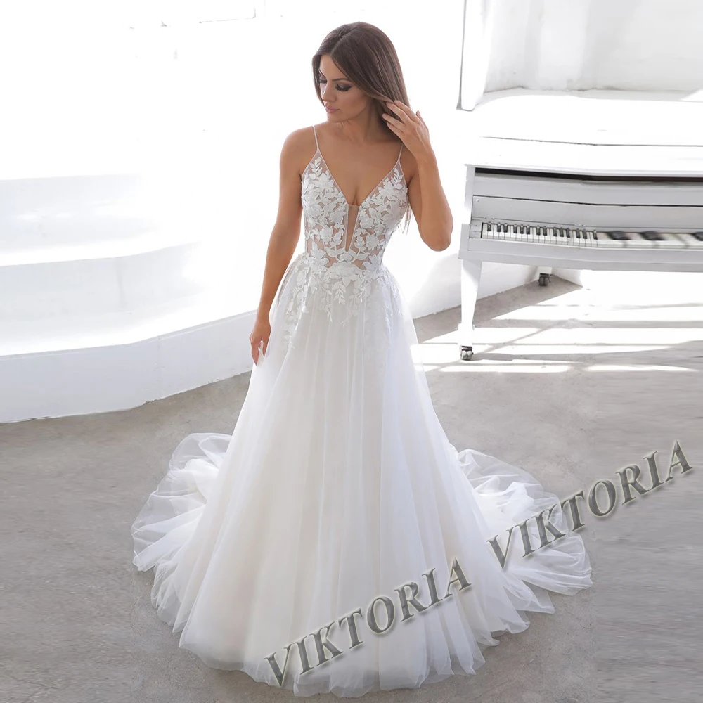 VIKTORIA Delicate Pearls Wedding Dresses For Woman Bridal Sweetheart A-LINE Lace Appliques Pleat Robe De Mariée Customized