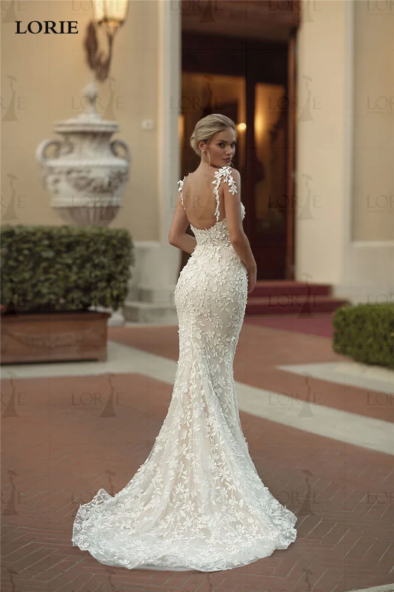 LORIE Exquisite Lace Mermaid Wedding Dresses vestido de novia Spaghetii Strap Bridal Gowns Appliqued LaceWedding Gowns Customizd