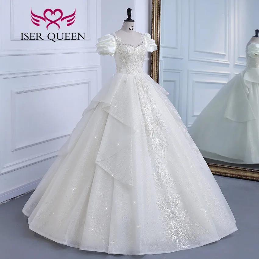 Customized Short Sleeves Pearls Beaded Europe Princess Wedding Dresses For Bride Embroidery Gilter Wedding Dress Fashion WX0308