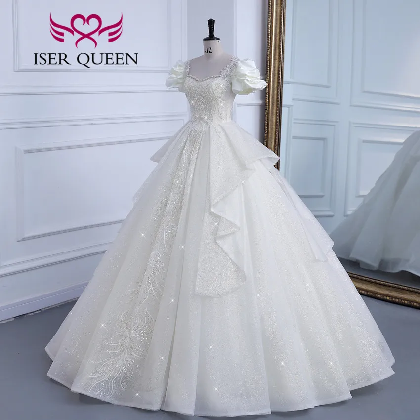 Customized Short Sleeves Pearls Beaded Europe Princess Wedding Dresses For Bride Embroidery Gilter Wedding Dress Fashion WX0308