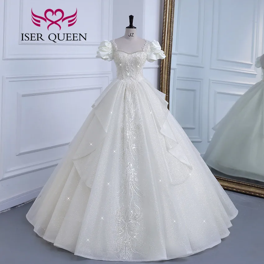 Customized Short Sleeves Pearls Beaded Europe Princess Wedding Dresses For Bride Embroidery Gilter Wedding Dress Fashion WX0308