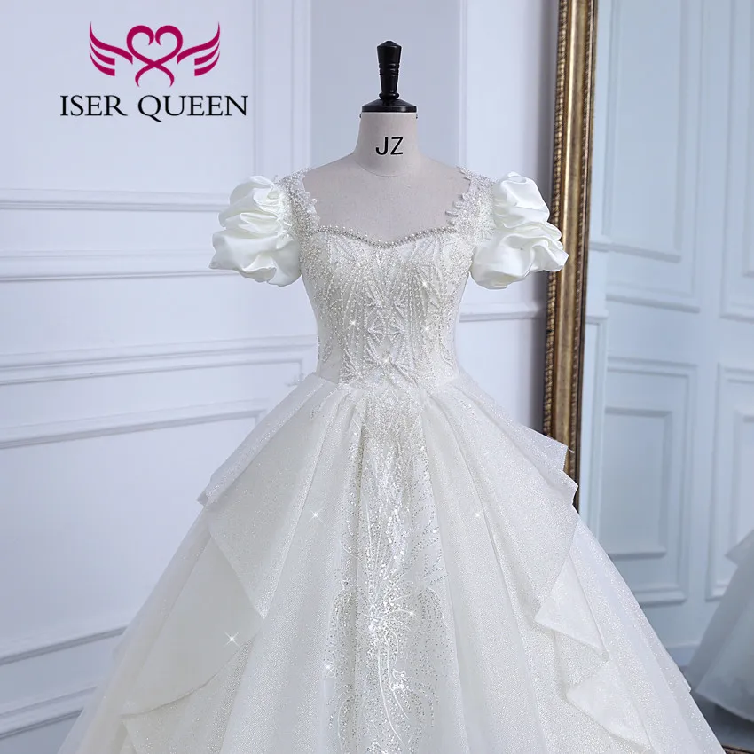 Customized Short Sleeves Pearls Beaded Europe Princess Wedding Dresses For Bride Embroidery Gilter Wedding Dress Fashion WX0308