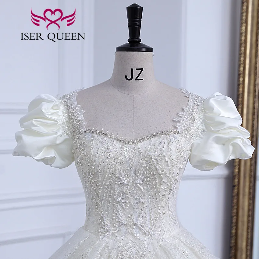 Customized Short Sleeves Pearls Beaded Europe Princess Wedding Dresses For Bride Embroidery Gilter Wedding Dress Fashion WX0308