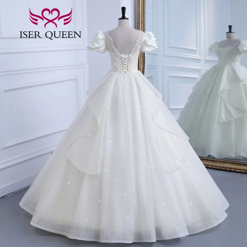 Customized Short Sleeves Pearls Beaded Europe Princess Wedding Dresses For Bride Embroidery Gilter Wedding Dress Fashion WX0308