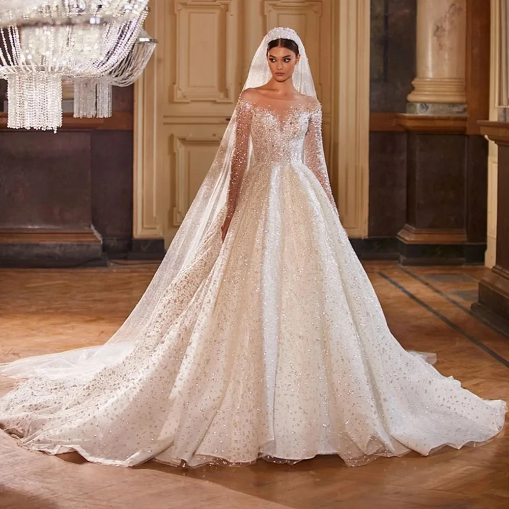 Vestidos De Novia Shining Long Sleeve Ball Gown Wedding Dress Beading Tulle Luxury Hochzeitskleid Button Back Gorgeous Trouwjurk