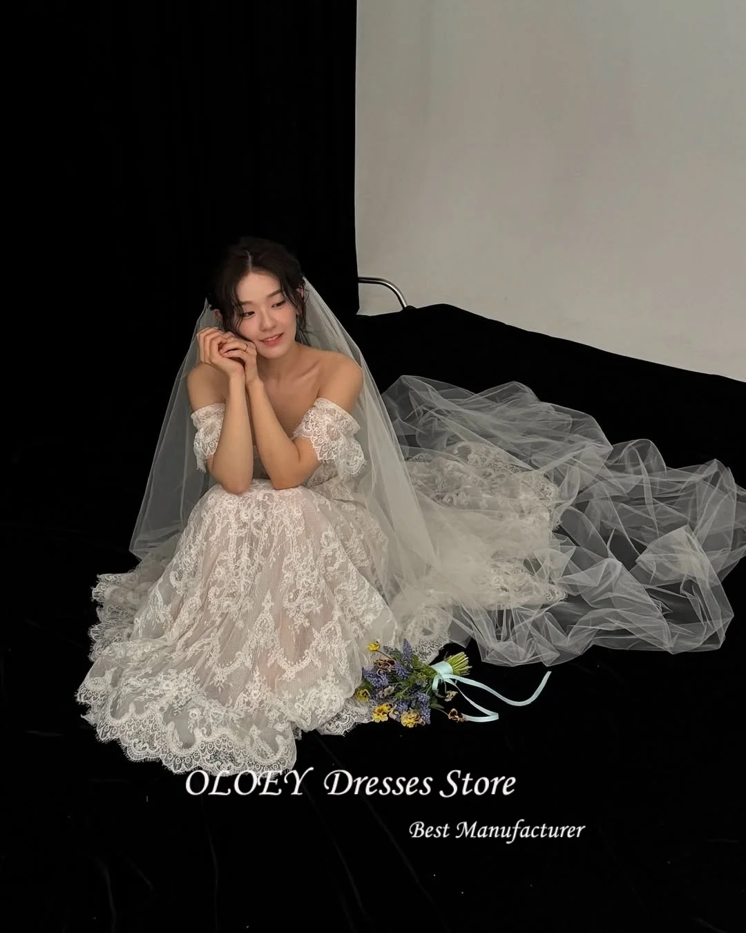 OLOEY Princess A Line Lace Korea Wedding Dresses Off Shoulder Silk Lace Photo Shoot Long Elegant Bridal Gowns 웨딩드레스 Custom