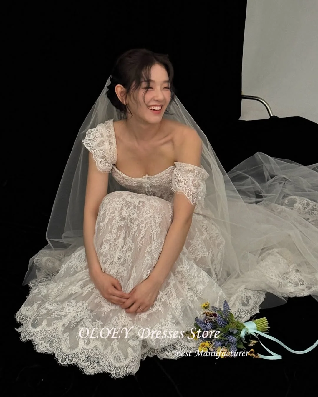 OLOEY Princess A Line Lace Korea Wedding Dresses Off Shoulder Silk Lace Photo Shoot Long Elegant Bridal Gowns 웨딩드레스 Custom