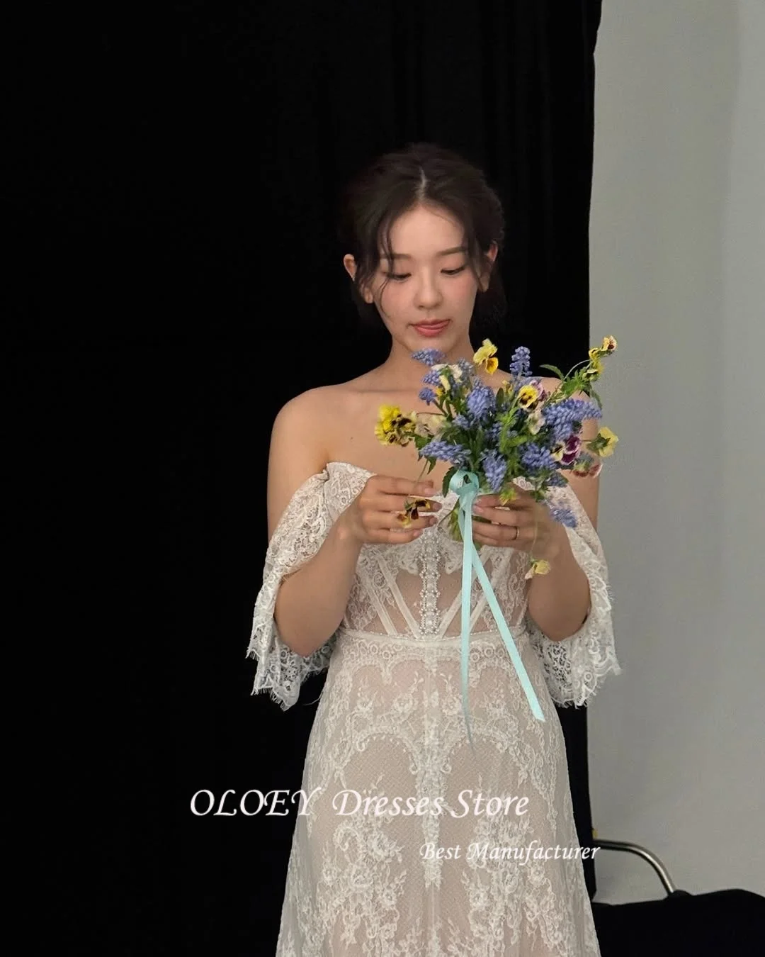 OLOEY Princess A Line Lace Korea Wedding Dresses Off Shoulder Silk Lace Photo Shoot Long Elegant Bridal Gowns 웨딩드레스 Custom
