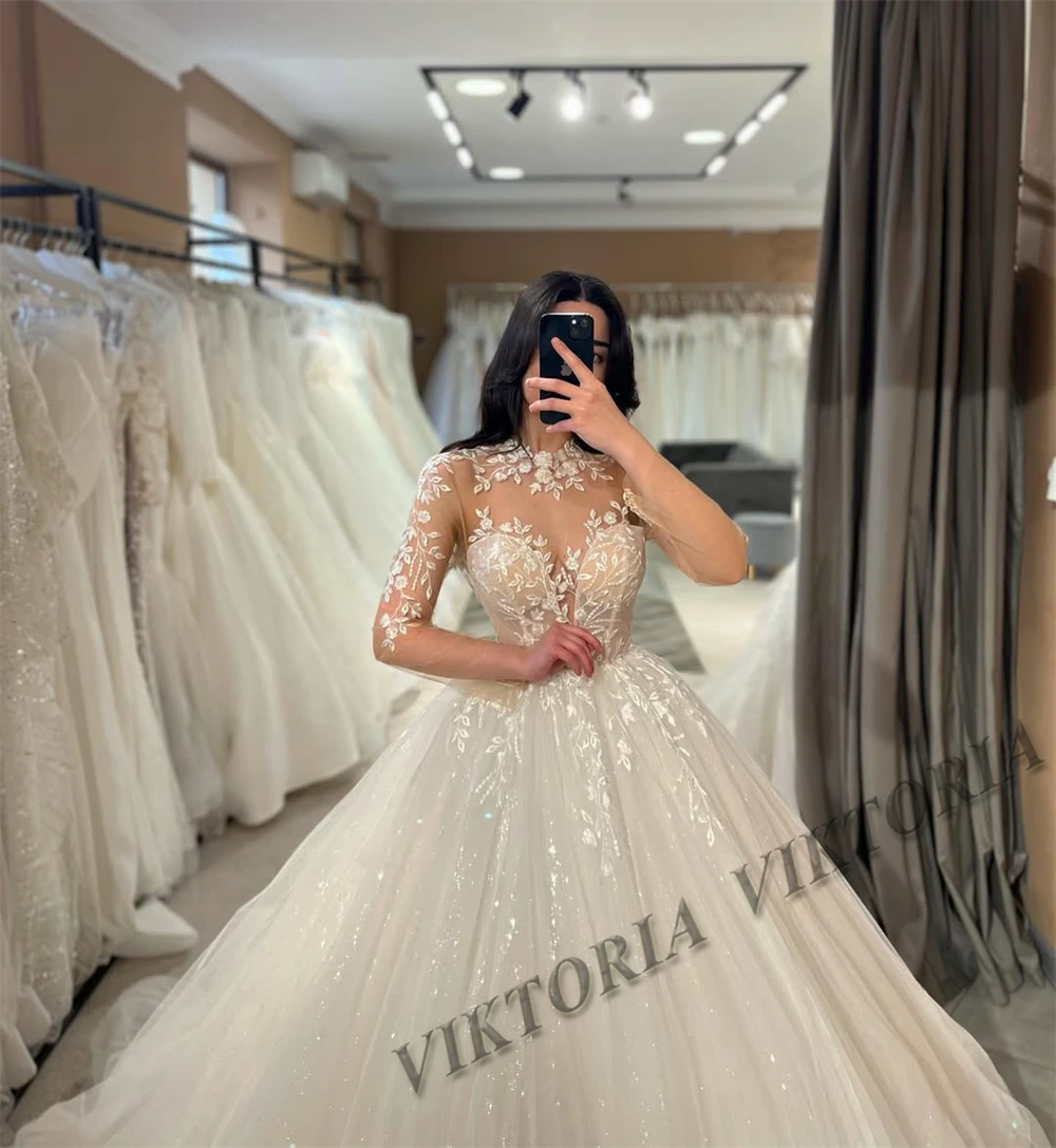 VIKTORIA Princess Shiny Wedding Dresses For Woman Bride Ball Gowns Long Sleeves Tulle Appliques Vestido De Novia Customized