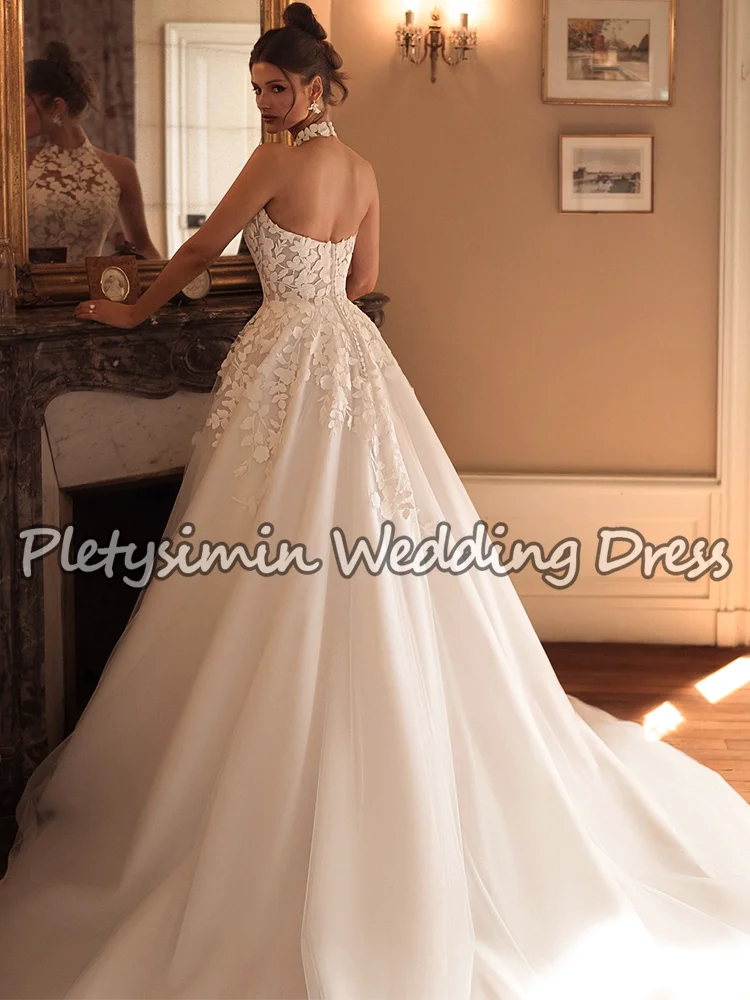 Romantic Sleeveless Halter Neck Wedding Dresses Lace Tulle Boho A-Line Bridal Gown for Women Vestido De Noiva Longo Customized