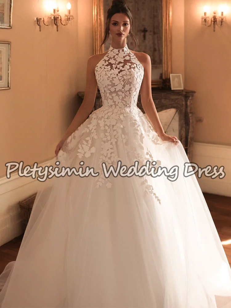 Romantic Sleeveless Halter Neck Wedding Dresses Lace Tulle Boho A-Line Bridal Gown for Women Vestido De Noiva Longo Customized