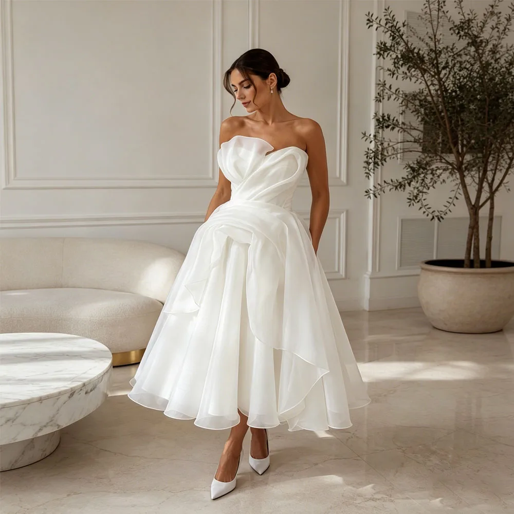 Midi Simple Wedding Dress 2027 Organza A Line Bridal Gown Strapless Corset Back Civil Short Reception Dress For Bride Customized