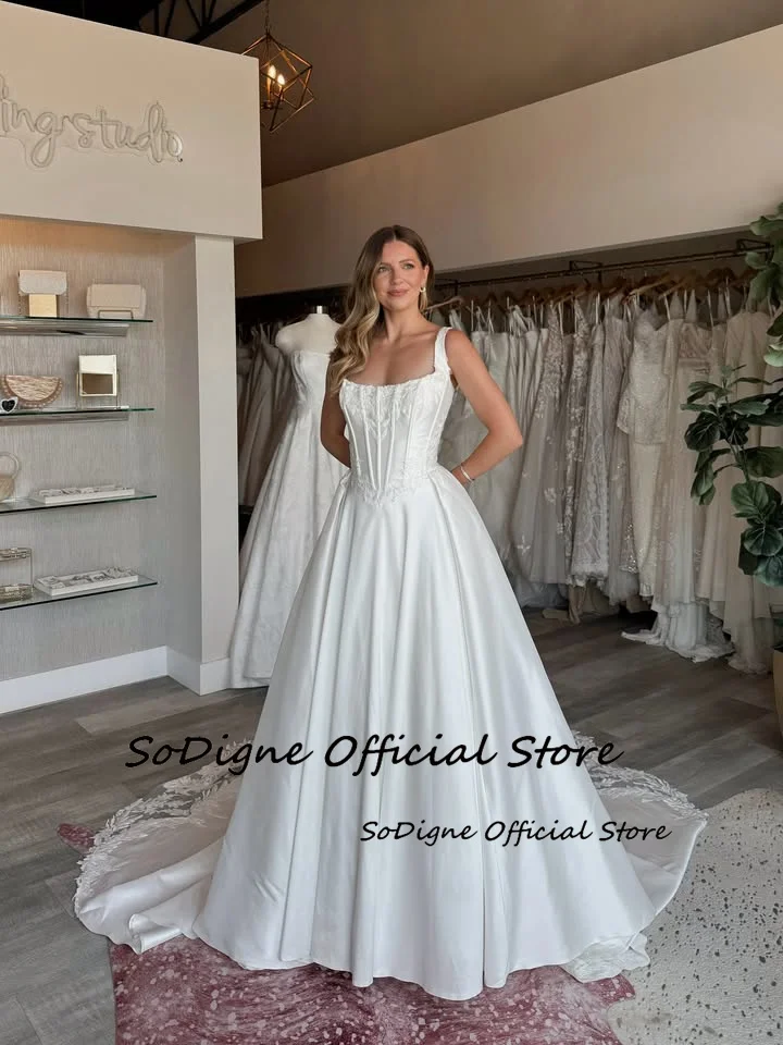 SoDigne A-line Satin Wedding Dresses Sleeveless Lace Appliques Bridal Dress 2026 Long Bride Gown Vestidos De Novia Customized