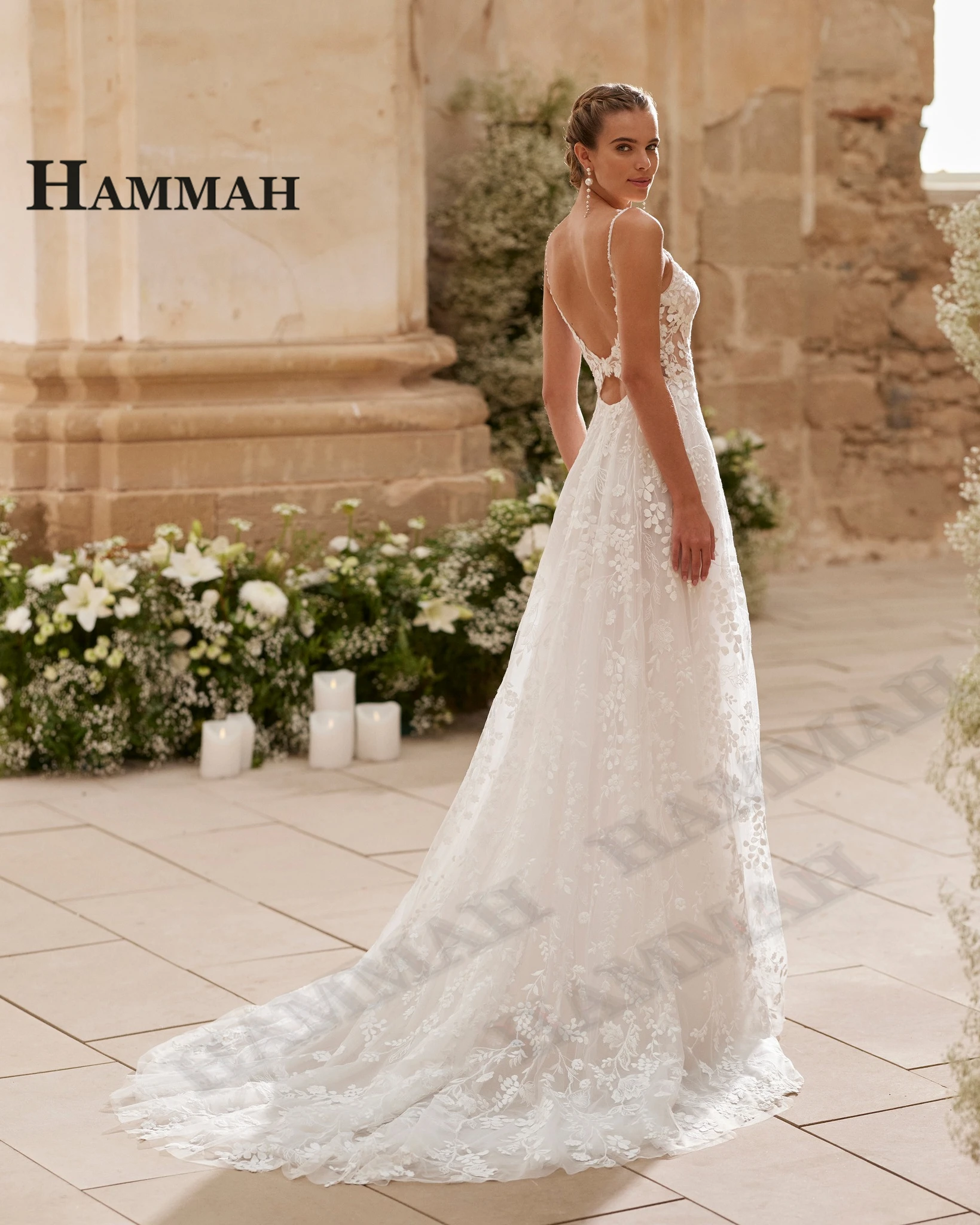 HAMMAH Trendy Sleeveless Wedding Dress for Bride V-neck Lace Appliques Spaghetti Straps Backless Robe De Mariee Customized