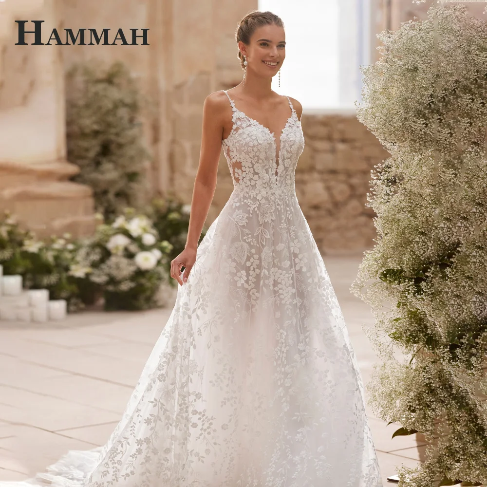 HAMMAH Trendy Sleeveless Wedding Dress for Bride V-neck Lace Appliques Spaghetti Straps Backless Robe De Mariee Customized
