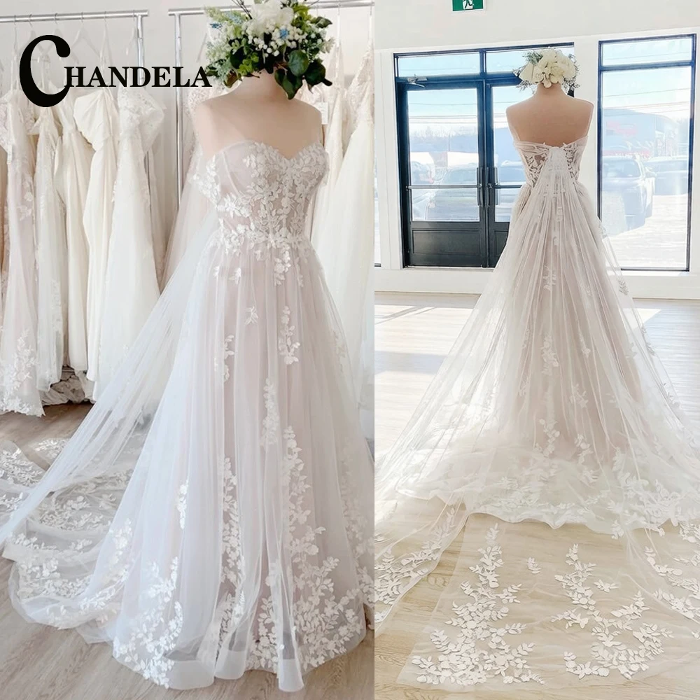 CHANDELA Attractive Strapless Wedding Dresses Off the Shoulder Sweetheart Zipper A-line Brush Train Vestidos Customised