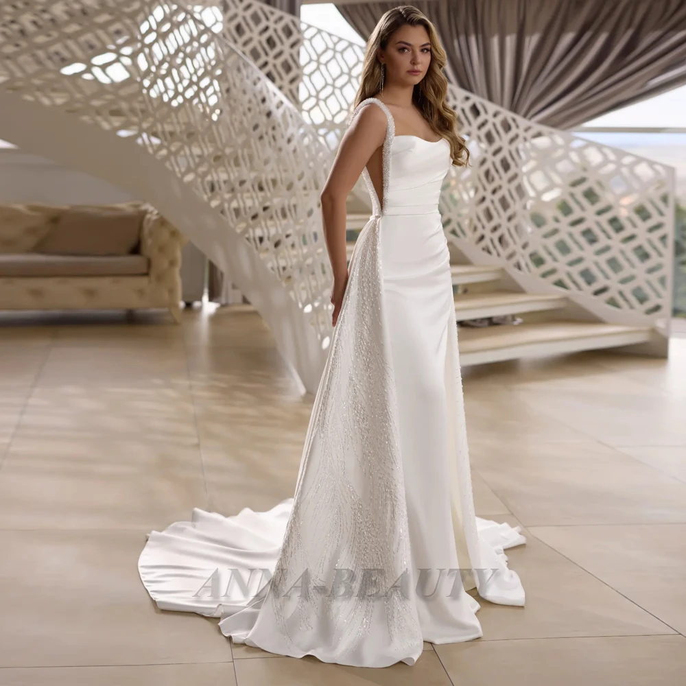 Anna Attractive Square Collar Wedding Dress Sleeveless Mermaid Lace Appliques Zipper Satin Vestidos Para Mujer Customised