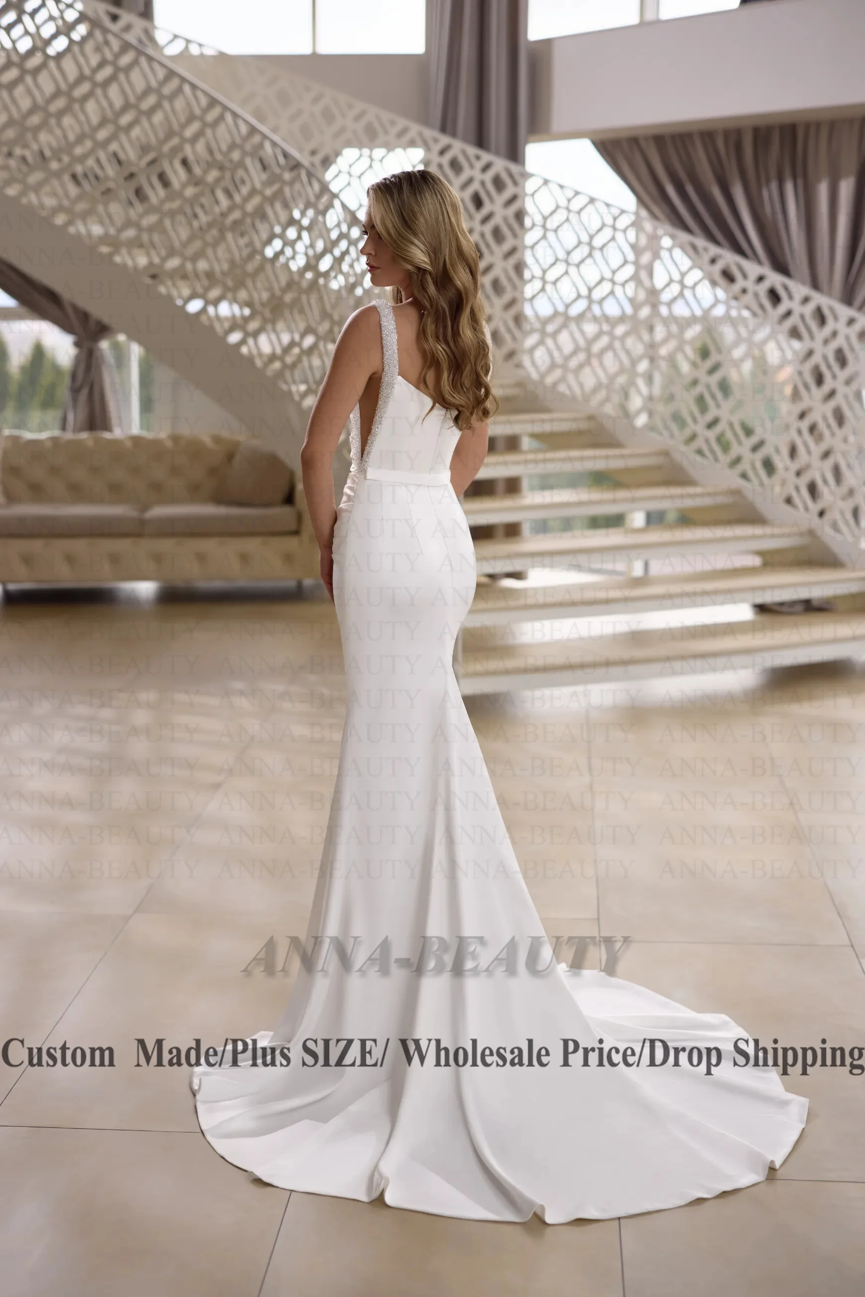 Anna Attractive Square Collar Wedding Dress Sleeveless Mermaid Lace Appliques Zipper Satin Vestidos Para Mujer Customised