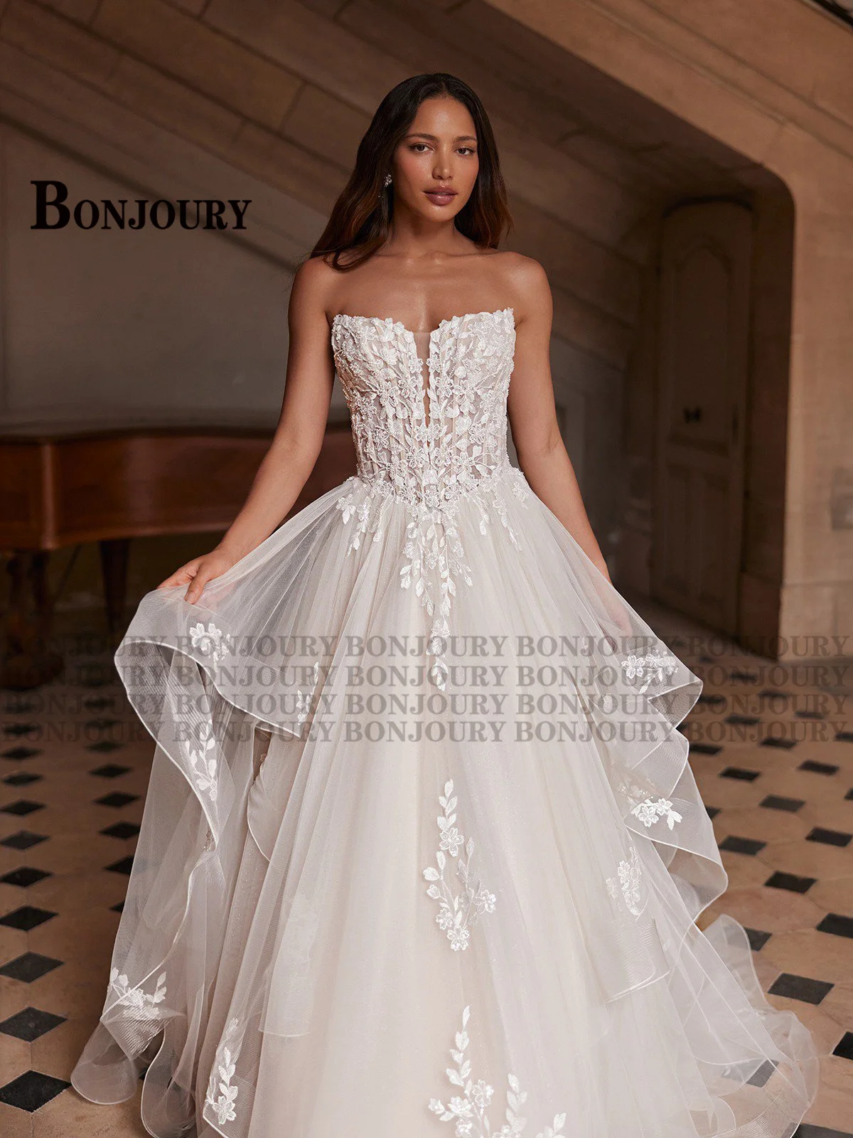 BONJOURY Modern Wedding Dresses for Women A-line Button Ruched Appliques Sleeveless Court Train Vestidos De Novia Customized