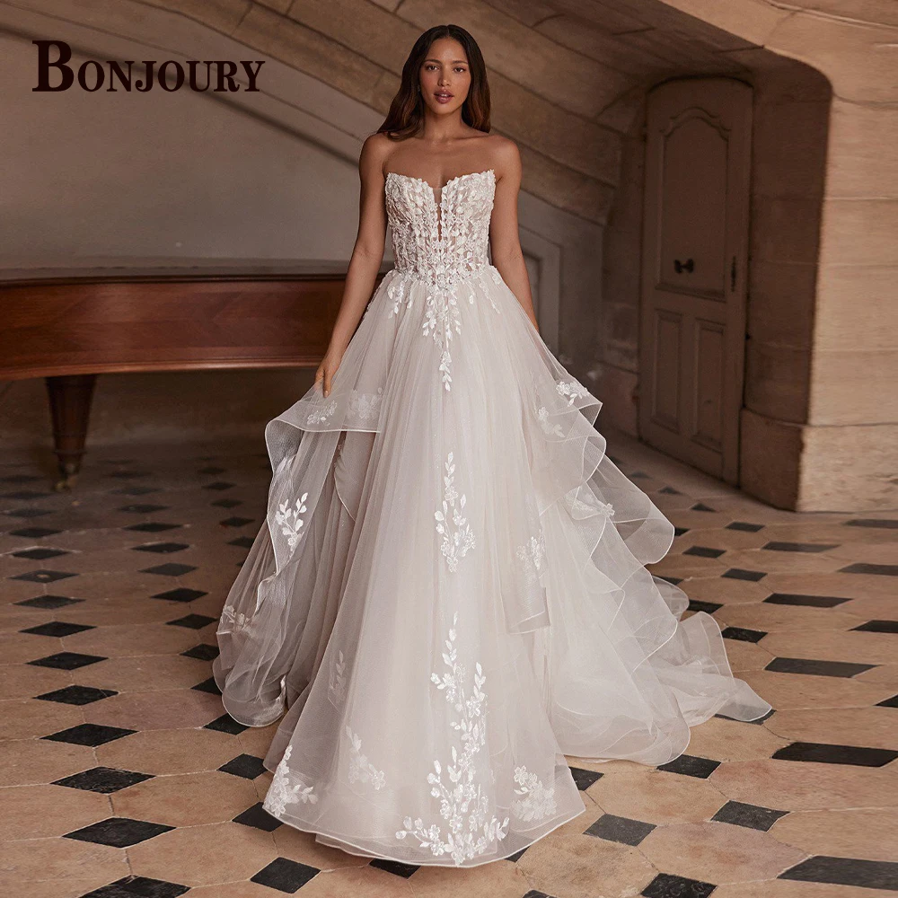 BONJOURY Modern Wedding Dresses for Women A-line Button Ruched Appliques Sleeveless Court Train Vestidos De Novia Customized