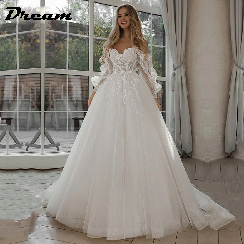 DREAM Customized Off Shoulder Lace Glitter Wedding Dresses Long Puff Sleeve 3D Flowers Boho Bride Gown 2026 Vestidos De Novia