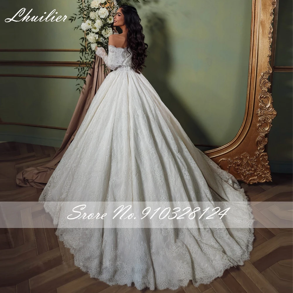Lhuilier Customized Ball Gown Lace Wedding Dresses Off the Shoulder Long Sleeves Bridal Dress with Court Train