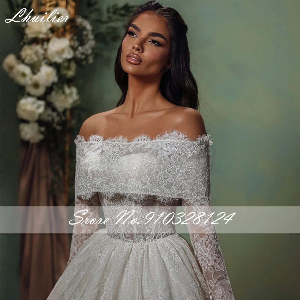 Lhuilier Customized Ball Gown Lace Wedding Dresses Off the Shoulder Long Sleeves Bridal Dress with Court Train