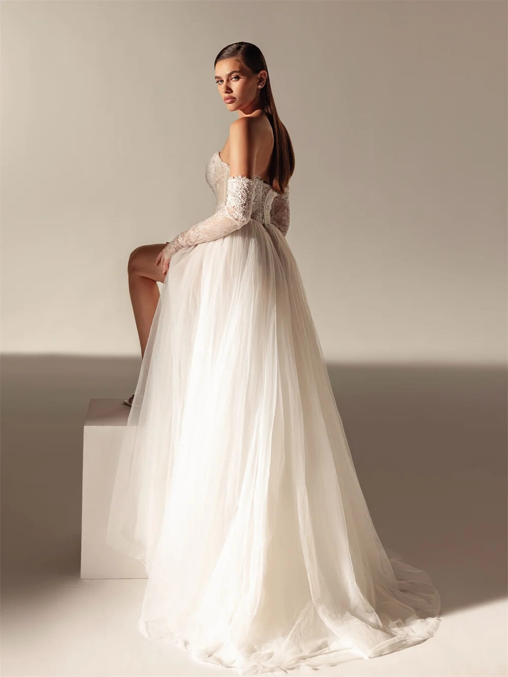 Kyoto Customized White Strapless Wedding Dress Detachable Sleeves Tulle vestidos de noiva Side High Split Evening Dress 2025