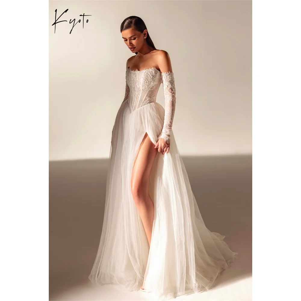 Kyoto Customized White Strapless Wedding Dress Detachable Sleeves Tulle vestidos de noiva Side High Split Evening Dress 2025