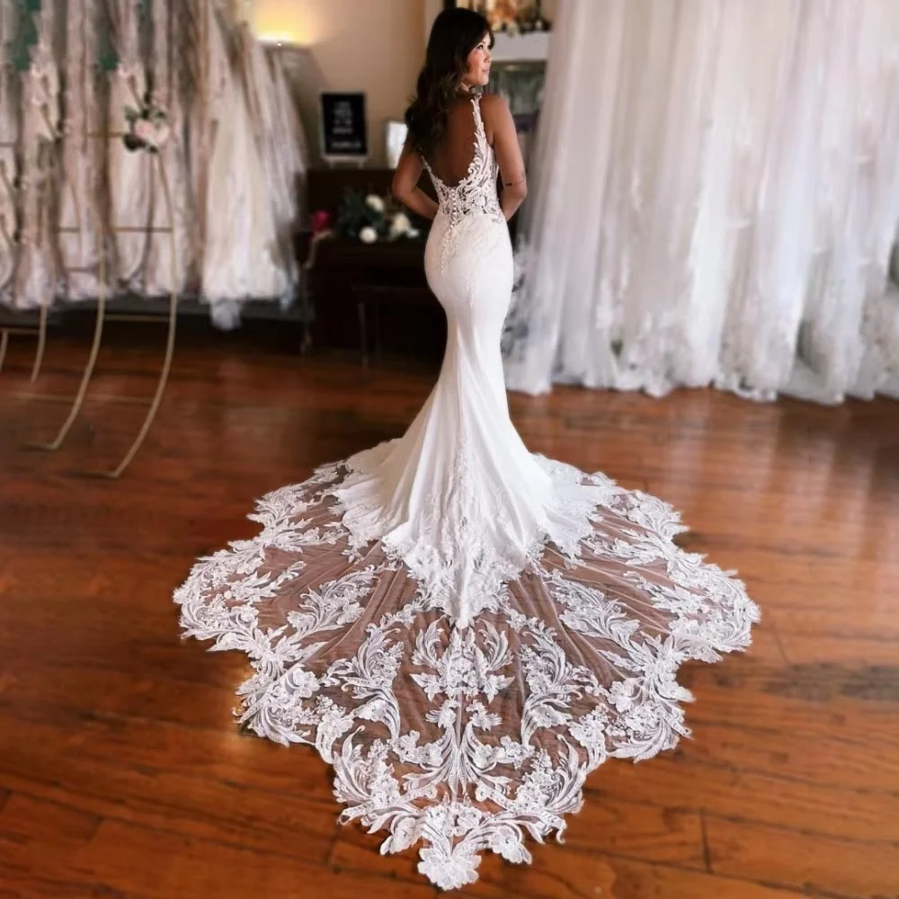 Enternity Fashionable Mermaid Wedding Gown For Bride Spaghetti Strap Court Train Lace Applique Vestido De Novia Customized