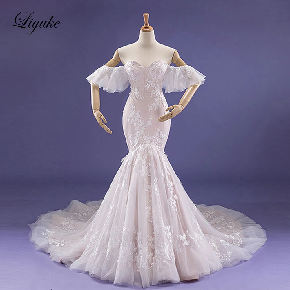 Liyuke Custom Made Sweetheart A-Line Wedding Dress Off The Shoulder Full Lace Bridal Gowns With Removable Satin Train