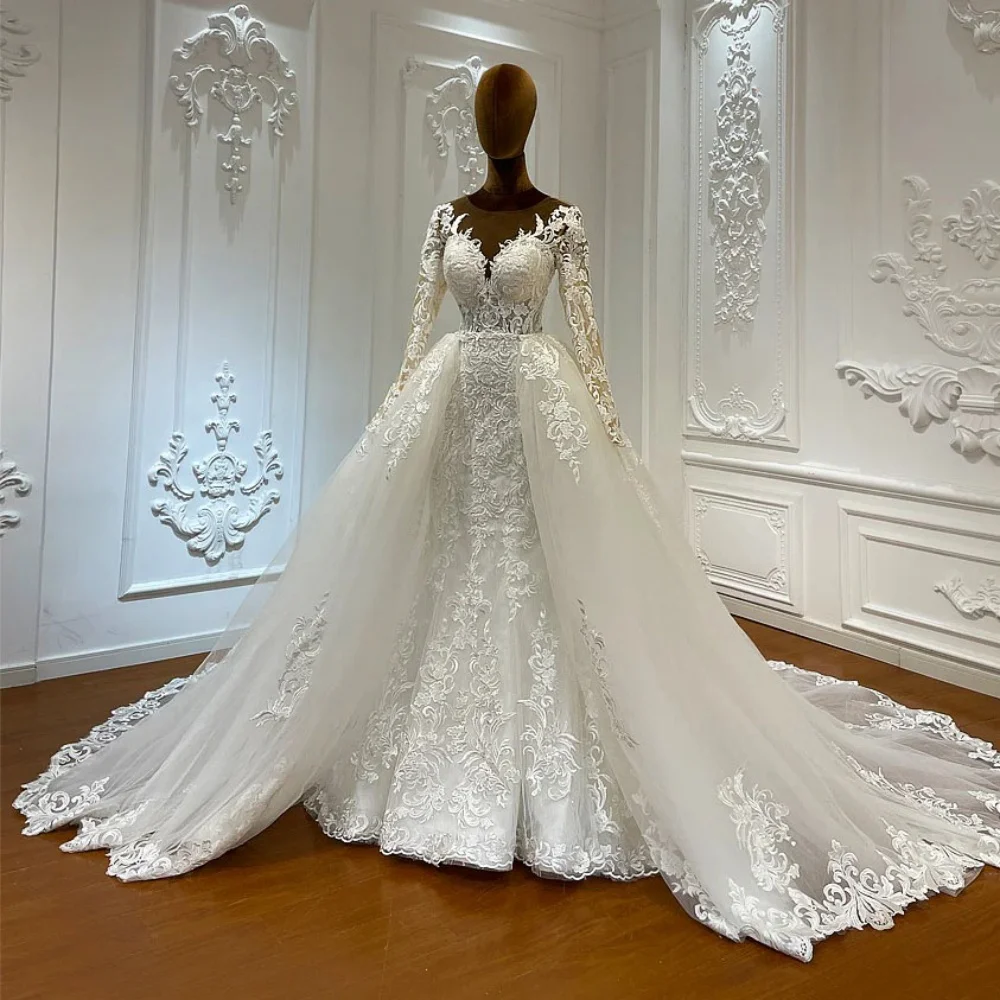 Wedding Dress Exquisite Customized Lace Mermaid Bride Dresses Long Sleeve Detachable Train Bridal Gowns Vestidos De Novia