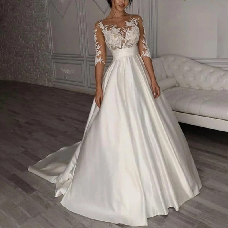 Bride Gown For Woman Illusion A-Line Bow Sashes Bridal Gowns O-Neck Satin Appliques Half Sleeves Wedding Dresses Robe De Mariée