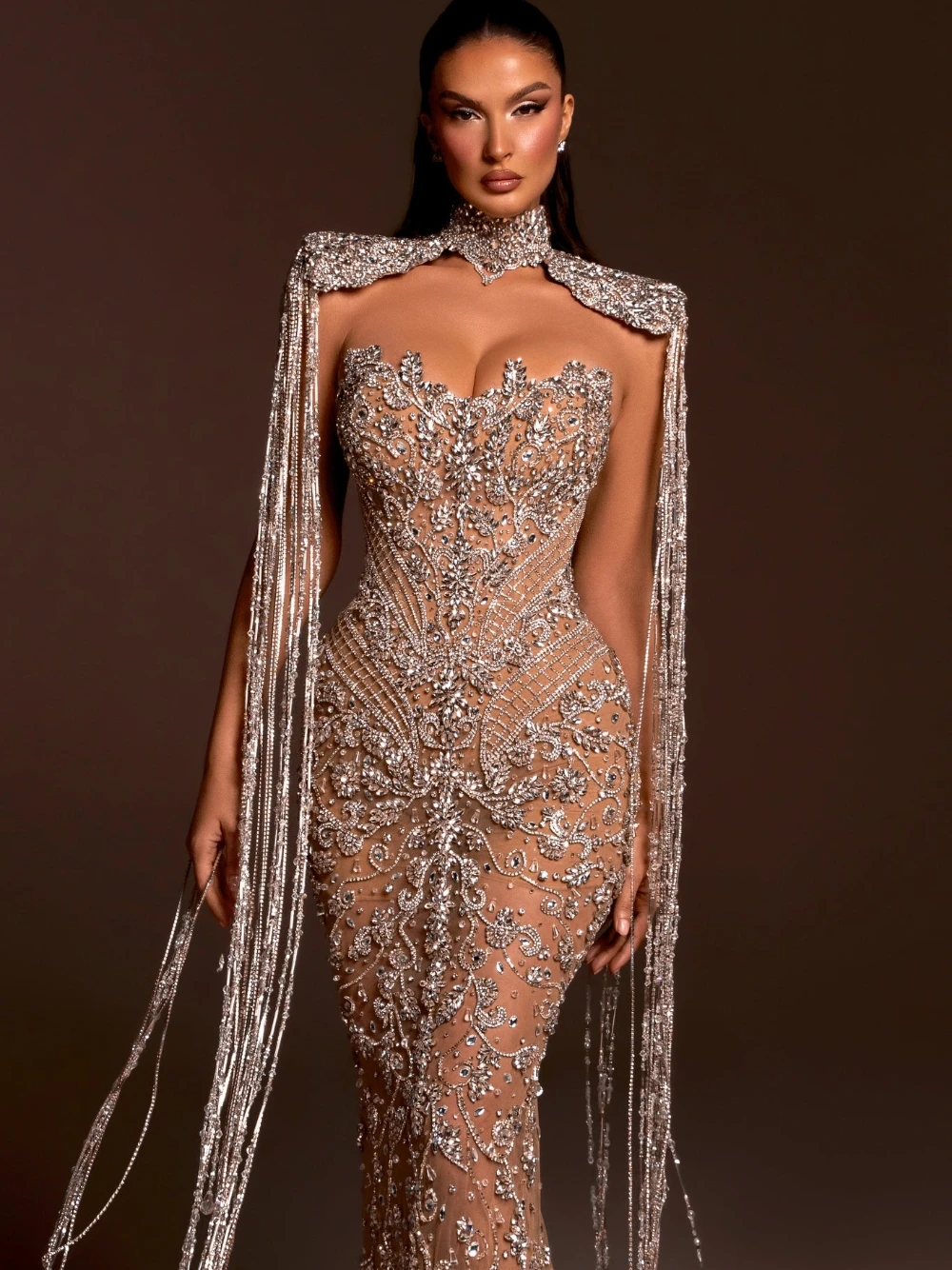 Champagne Lining Beaded Embroidery Mermaid Wedding Dress Shiny Tassel Customized Bride Gown Stunning Crystals Church Wear