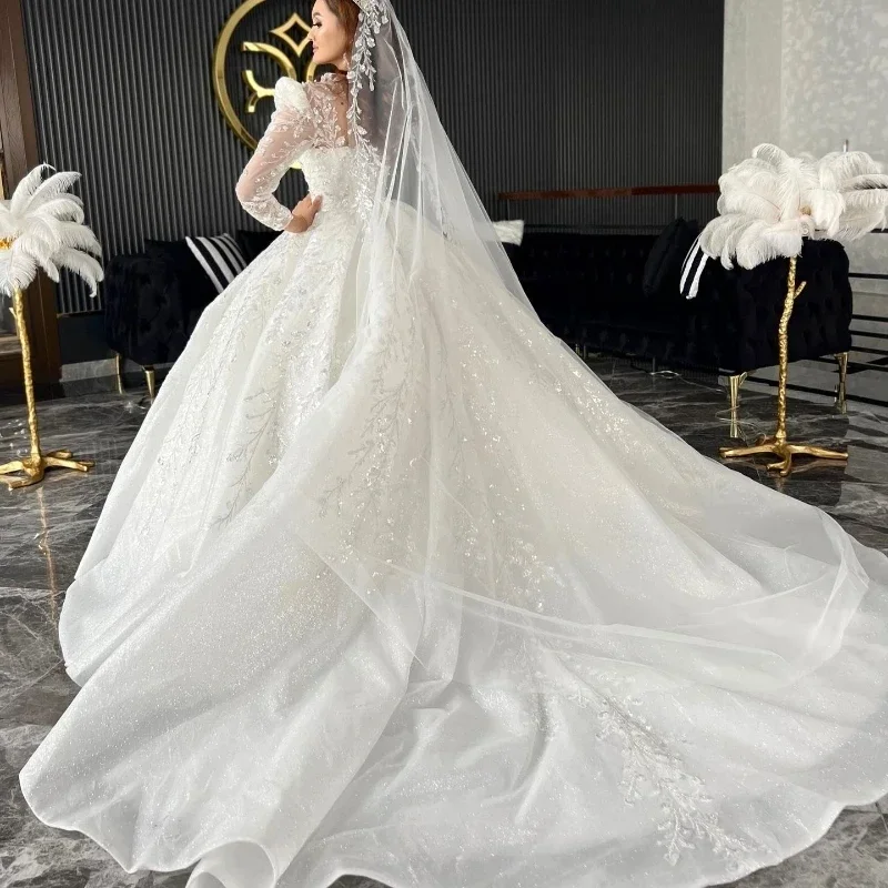 Flavinke Customized Gorgeous Scoop Neck Court Train Appliques Beads Ball Wedding Dresses Luxury Beading Long Sleeve Bridal Dress