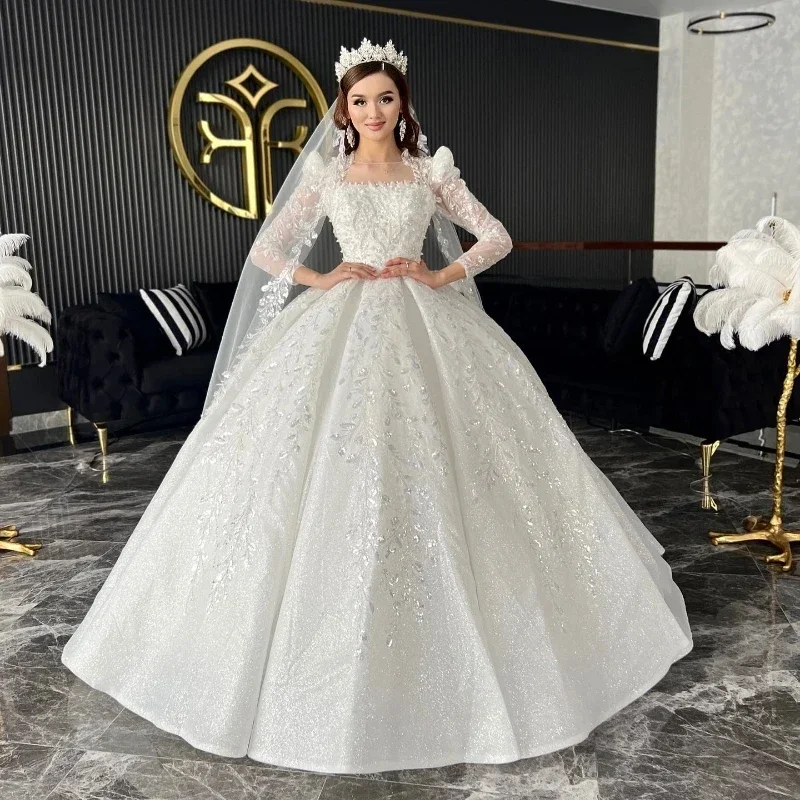 Flavinke Customized Gorgeous Scoop Neck Court Train Appliques Beads Ball Wedding Dresses Luxury Beading Long Sleeve Bridal Dress