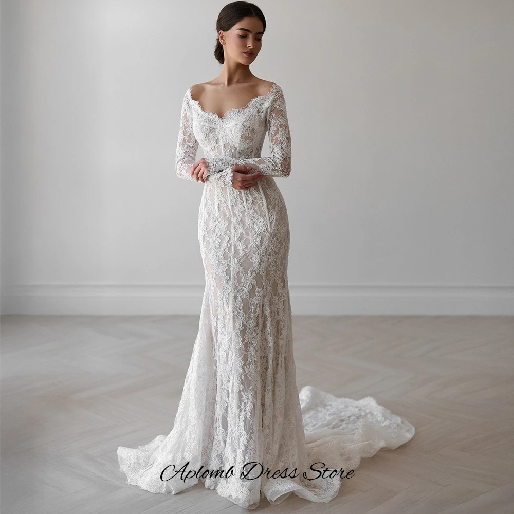 Dreamy Mermaid Vestido De Novia Elegant Customized Appliques Lace Wedding Dress Classic Long Sleeves Boat Neck Bridal Gowns