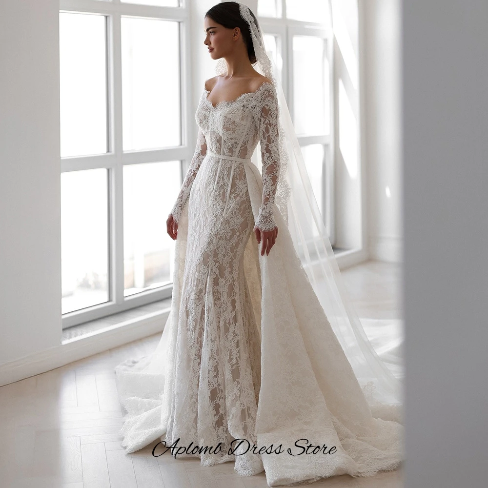 Dreamy Mermaid Vestido De Novia Elegant Customized Appliques Lace Wedding Dress Classic Long Sleeves Boat Neck Bridal Gowns