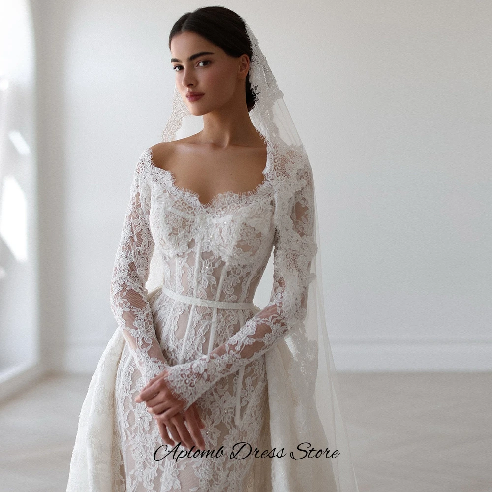 Dreamy Mermaid Vestido De Novia Elegant Customized Appliques Lace Wedding Dress Classic Long Sleeves Boat Neck Bridal Gowns